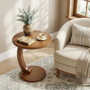 Tribesigns C Shaped End Table, Round Wood Side Table, Mid-Century Modern Style, Heavy Base, for Living Room, Bedroom, Small Space, Brown Tribesigns C Shaped End Table, Round Wood Side Table, Mid-Century Modern Style, Heavy Base, for Living Room, Bedroom, Small Space, Brown