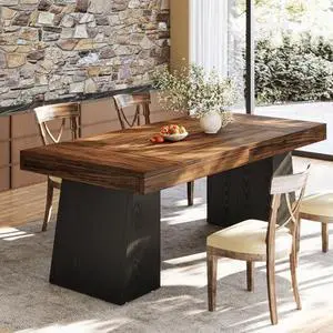 Tribesigns Two Tone Dining Table for 4-6 People, Rectangular Farmhouse Kitchen Dinner Table with Double Pedestal, Wood Dining Room Furniture for Home, Dining Room, Small Space, Brown & Black Tribesigns Two Tone Dining Table for 4-6 People, Rectangular Farmhouse Kitchen Dinner Table with Double Pedestal, Wood Dining Room Furniture for Home, Dining Room, Small Space, Brown & Black