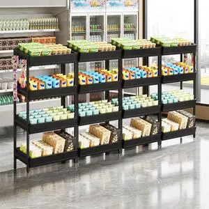 Tribesigns 4-Tier Retail Display Rack Set of 4, Heavy-Duty Commercial Display Stand for Candy, Vegetables, Snacks, Industrial Storage Shelf with Hooks for Retail Store (4, Black) Tribesigns 4-Tier Retail Display Rack Set of 4, Heavy-Duty Commercial Display Stand for Candy, Vegetables, Snacks, Industrial Storage Shelf with Hooks for Retail Store (4, Black)