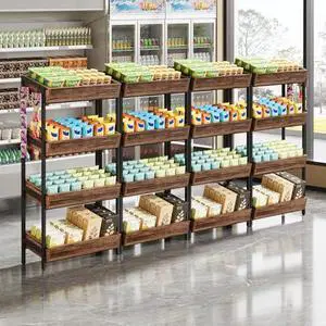 Tribesigns 4-Tier Retail Display Rack Set of 4, Heavy-Duty Commercial Display Stand for Candy, Vegetables, Snacks, Industrial Storage Shelf with Hooks for Retail Store (4, Brown+Black) Tribesigns 4-Tier Retail Display Rack Set of 4, Heavy-Duty Commercial Display Stand for Candy, Vegetables, Snacks, Industrial Storage Shelf with Hooks for Retail Store (4, Brown+Black)