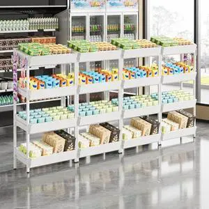 Tribesigns 4-Tier Retail Display Rack Set of 2, Heavy-Duty Commercial Display Stand for Candy, Vegetables, Snacks, Industrial Storage Shelf with Hooks for Retail Store (4, White) Tribesigns 4-Tier Retail Display Rack Set of 2, Heavy-Duty Commercial Display Stand for Candy, Vegetables, Snacks, Industrial Storage Shelf with Hooks for Retail Store (4, White)