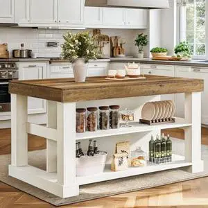 Tribesigns Kitchen Island with Storage, 55-Inch Farmhouse Stationary Island Table with Large Countertop, 3-Tier Wooden Center Bar Table for Kitchen, Dining Room, White and Brown Tribesigns Kitchen Island with Storage, 55-Inch Farmhouse Stationary Island Table with Large Countertop, 3-Tier Wooden Center Bar Table for Kitchen, Dining Room, White and Brown