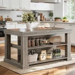 Tribesigns Kitchen Island with Storage, 55-Inch Farmhouse Stationary Island Table with Large Countertop, 3-Tier Wooden Center Bar Table for Kitchen, Dining Room, Grey Tribesigns Kitchen Island with Storage, 55-Inch Farmhouse Stationary Island Table with Large Countertop, 3-Tier Wooden Center Bar Table for Kitchen, Dining Room, Grey