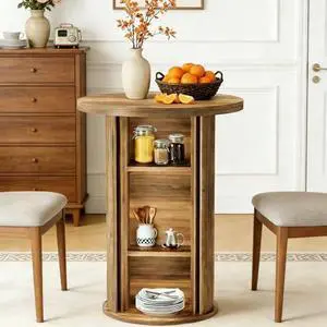 Tribesigns 23.23" Round Dining Table for 2, Tall Farmhouse Kitchen Table with Hidden Storage Cabinet, Fluted Pedestal Base, Wood Dining Table for Apartment, Bistro Style, Walnut Tribesigns 23.23" Round Dining Table for 2, Tall Farmhouse Kitchen Table with Hidden Storage Cabinet, Fluted Pedestal Base, Wood Dining Table for Apartment, Bistro Style, Walnut
