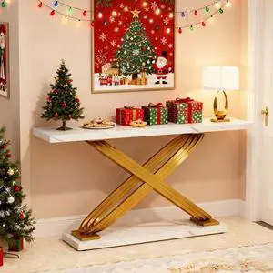 Tribesigns 55" Gold Console Table, Modern Faux Marble Entryway Table with Geometric Metal Base, Long Foyer Sofa Table for Living Room, Hallway, Entrance, Gold & White Tribesigns 55" Gold Console Table, Modern Faux Marble Entryway Table with Geometric Metal Base, Long Foyer Sofa Table for Living Room, Hallway, Entrance, Gold & White