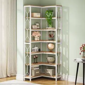 Tribesigns 7-Tier Corner Shelf, 78.7" Tall Bookshelf with Storage, Corner Bookshelf and Bookcase, Industrial Display Shelf for Living Room, Bed Room, Home Office (White and Natural) Tribesigns 7-Tier Corner Shelf, 78.7" Tall Bookshelf with Storage, Corner Bookshelf and Bookcase, Industrial Display Shelf for Living Room, Bed Room, Home Office (White and Natural)