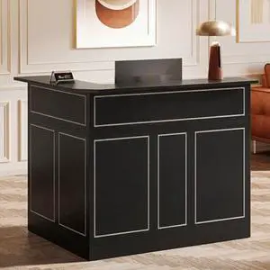 Tribesigns L-Shaped Reception Desk, Modern Black Front Counter with 2-Tier Storage & Stemware Rack, Elegant Office Reception Desk for Lobby, Business Area Tribesigns L-Shaped Reception Desk, Modern Black Front Counter with 2-Tier Storage & Stemware Rack, Elegant Office Reception Desk for Lobby, Business Area