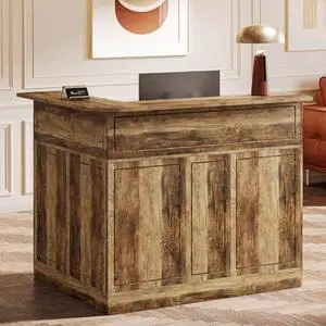 Tribesigns L-Shaped Reception Desk, Modern Front Counter with 2-Tier Storage & Stemware Rack, Elegant Office Reception Desk for Lobby, Business Area Tribesigns L-Shaped Reception Desk, Modern Front Counter with 2-Tier Storage & Stemware Rack, Elegant Office Reception Desk for Lobby, Business Area