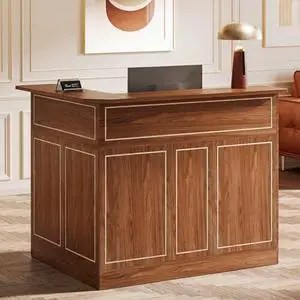 Tribesigns L-Shaped Reception Desk, Modern Front Counter with 2-Tier Storage & Stemware Rack, Elegant Office Reception Desk for Lobby, Business Area Tribesigns L-Shaped Reception Desk, Modern Front Counter with 2-Tier Storage & Stemware Rack, Elegant Office Reception Desk for Lobby, Business Area