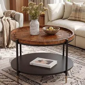31.5" Solid Wood Round Coffee Table, Boho Circle Center Table with Metal Storage Base & Floral Carved Tabletop, 2-Tier Living Room Table Furniture for Home, Apartment, Office, Brown 31.5" Solid Wood Round Coffee Table, Boho Circle Center Table with Metal Storage Base & Floral Carved Tabletop, 2-Tier Living Room Table Furniture for Home, Apartment, Office, Brown