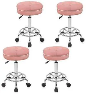 KLASIKA Velet Rolling Bar Stool with Wheels, Tall Drafting Stool with Adjustable Height and Footrest, Multi-Purpose Office Desk Chair for Home Kitchen Shop Work, Pink (4PK) KLASIKA Velet Rolling Bar Stool with Wheels, Tall Drafting Stool with Adjustable Height and Footrest, Multi-Purpose Office Desk Chair for Home Kitchen Shop Work, Pink (4PK)