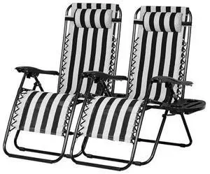 Nazhura Set of 2 Relaxing Recliners Patio Chairs Adjustable Steel Mesh Zero Gravity Lounge Chair Beach Chairs with Pillow and Cup Holder Khaki (Black/White Stripe) Nazhura Set of 2 Relaxing Recliners Patio Chairs Adjustable Steel Mesh Zero Gravity Lounge Chair Beach Chairs with Pillow and Cup Holder Khaki (Black/White Stripe)