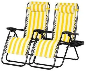 Nazhura Set of 2 Relaxing Recliners Patio Chairs Adjustable Steel Mesh Zero Gravity Lounge Chair Beach Chairs with Pillow and Cup Holder (Yellow Stripe) Nazhura Set of 2 Relaxing Recliners Patio Chairs Adjustable Steel Mesh Zero Gravity Lounge Chair Beach Chairs with Pillow and Cup Holder (Yellow Stripe)