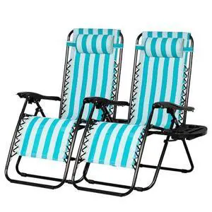 Nazhura Set of 2 Relaxing Recliners Patio Chairs Adjustable Steel Mesh Zero Gravity Lounge Chair Beach Chairs with Pillow and Cup Holder (Light Blue Stripe) Nazhura Set of 2 Relaxing Recliners Patio Chairs Adjustable Steel Mesh Zero Gravity Lounge Chair Beach Chairs with Pillow and Cup Holder (Light Blue Stripe)