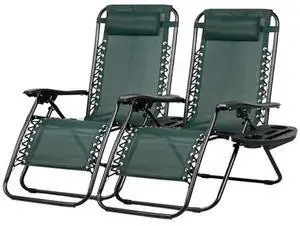 Nazhura Set of 2 Relaxing Recliners Patio Chairs Adjustable Steel Mesh Zero Gravity Lounge Chair Beach Chairs with Pillow and Cup Holder (Dark Green) Nazhura Set of 2 Relaxing Recliners Patio Chairs Adjustable Steel Mesh Zero Gravity Lounge Chair Beach Chairs with Pillow and Cup Holder (Dark Green)