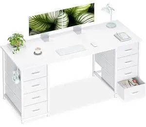 Casaottima 55 Inches Computer Desk with 8 Fabric Drawers, Modern Office Desk with Large Storage for Home Office, Study, White Casaottima 55 Inches Computer Desk with 8 Fabric Drawers, Modern Office Desk with Large Storage for Home Office, Study, White