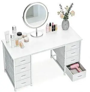 Casaottima 48 Inches Vanity Desk with 8 Fabric Drawers, Modern Office Desk with Large Storage for Home Office, Study, White Casaottima 48 Inches Vanity Desk with 8 Fabric Drawers, Modern Office Desk with Large Storage for Home Office, Study, White