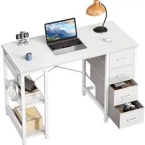 Casaottima 40 Inch Small Computer Desk with 4 Fabric Drawers, Modern PC Desk for Small Spaces, Home Office Desk with Storage Shelves, White Casaottima 40 Inch Small Computer Desk with 4 Fabric Drawers, Modern PC Desk for Small Spaces, Home Office Desk with Storage Shelves, White