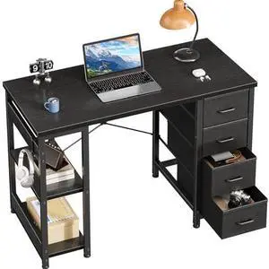 Casaottima 40 Inch Small Computer Desk with 4 Fabric Drawers, Modern PC Desk for Small Spaces, Home Office Desk with Storage Shelves, Black Casaottima 40 Inch Small Computer Desk with 4 Fabric Drawers, Modern PC Desk for Small Spaces, Home Office Desk with Storage Shelves, Black