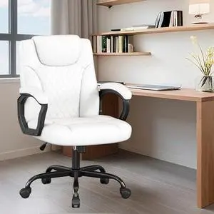 Misolant Office Chair, Executive Desk Chair, PU Leather Comfortable Ergonomic Chairs with Fixed Armrest, Adjustable Height, Rocking Function, 360° Swivel Wheels, White Misolant Office Chair, Executive Desk Chair, PU Leather Comfortable Ergonomic Chairs with Fixed Armrest, Adjustable Height, Rocking Function, 360° Swivel Wheels, White