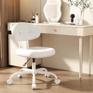 Misolant Vanity Chair with Back, Small Armless Cute office Chair with wheels and Lumbar support, Comfy PU Leather Desk Computer Chairs with Adjustable Height, 360°Swivel for Home Bedroom Office, White Misolant Vanity Chair with Back, Small Armless Cute office Chair with wheels and Lumbar support, Comfy PU Leather Desk Computer Chairs with Adjustable Height, 360°Swivel for Home Bedroom Office, White