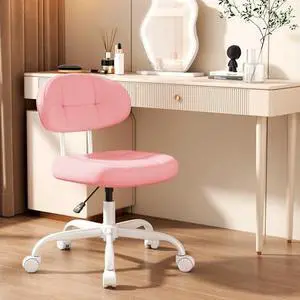 Misolant Vanity Chair with Back, Small Armless Cute Office Chair with Wheels and Lumbar Support, Comfy PU Leather Desk Computer Chairs with Adjustable Height, 360°Swivel for Home Bedroom Office, Pink Misolant Vanity Chair with Back, Small Armless Cute Office Chair with Wheels and Lumbar Support, Comfy PU Leather Desk Computer Chairs with Adjustable Height, 360°Swivel for Home Bedroom Office, Pink
