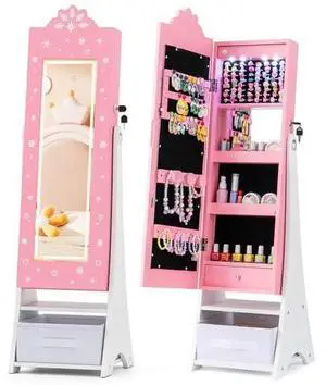 Costzon Kids Jewelry Armoire with LED Lights, Lockable Freestanding Jewelry Organizer with Full-Length Mirror, Storage Drawers, Children Dress Up Mirror Jewelry Cabinet for Little Girls (Pink) Costzon Kids Jewelry Armoire with LED Lights, Lockable Freestanding Jewelry Organizer with Full-Length Mirror, Storage Drawers, Children Dress Up Mirror Jewelry Cabinet for Little Girls (Pink)