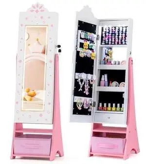 Costzon Kids Jewelry Armoire with LED Lights, Lockable Freestanding Jewelry Organizer with Full-Length Mirror, Storage Drawers, Children Dress Up Mirror Jewelry Cabinet for Little Girls (White) Costzon Kids Jewelry Armoire with LED Lights, Lockable Freestanding Jewelry Organizer with Full-Length Mirror, Storage Drawers, Children Dress Up Mirror Jewelry Cabinet for Little Girls (White)