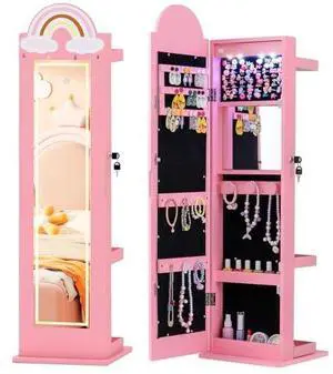 Costzon Kids Jewelry Armoire Cabinet with LED Lights, Lockable Standing Jewelry Organizer with Full-Length Mirror, Rack & Storage Shelves, Children Dress Up Jewelry Cabinet for Little Girls (Pink) Costzon Kids Jewelry Armoire Cabinet with LED Lights, Lockable Standing Jewelry Organizer with Full-Length Mirror, Rack & Storage Shelves, Children Dress Up Jewelry Cabinet for Little Girls (Pink)