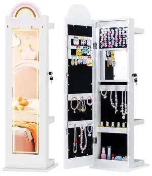 Costzon Kids Jewelry Armoire Cabinet with LED Lights, Lockable Standing Jewelry Organizer with Full-Length Mirror, Rack & Storage Shelves, Children Dress Up Jewelry Cabinet for Little Girls (White) Costzon Kids Jewelry Armoire Cabinet with LED Lights, Lockable Standing Jewelry Organizer with Full-Length Mirror, Rack & Storage Shelves, Children Dress Up Jewelry Cabinet for Little Girls (White)
