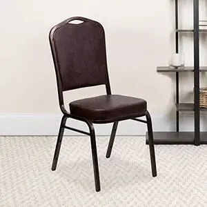 EMMA + OLIVER 4 Pack Crown Back Stacking Banquet Chair in Brown Vinyl - Copper Vein Frame EMMA + OLIVER 4 Pack Crown Back Stacking Banquet Chair in Brown Vinyl - Copper Vein Frame