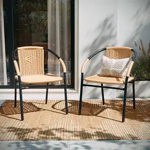 EMMA + OLIVER Set of 2 Modern Rattan Indoor/Outdoor Stack Chairs, Stacking Rattan Patio Chairs with Curved Back and Cross Bracing, Beige EMMA + OLIVER Set of 2 Modern Rattan Indoor/Outdoor Stack Chairs, Stacking Rattan Patio Chairs with Curved Back and Cross Bracing, Beige