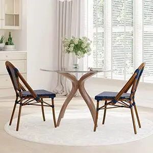 EMMA + OLIVER Soie Bistro Chair - Navy & White Woven PE Seat and Back - Bamboo Finish Aluminum Frame - for Indoor/Outdoor Use - Set of Two EMMA + OLIVER Soie Bistro Chair - Navy & White Woven PE Seat and Back - Bamboo Finish Aluminum Frame - for Indoor/Outdoor Use - Set of Two