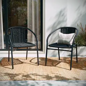 EMMA + OLIVER Set of 2 Modern Rattan Indoor/Outdoor Stack Chairs, Stacking Rattan Patio Chairs with Curved Back and Cross Bracing, Black EMMA + OLIVER Set of 2 Modern Rattan Indoor/Outdoor Stack Chairs, Stacking Rattan Patio Chairs with Curved Back and Cross Bracing, Black