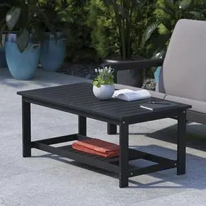 BizChair Two Tiered Commercial Grade Adirondack Coffee Table - Black Finish Poly Resin Wood - All-Weather - Slatted Shelf Design BizChair Two Tiered Commercial Grade Adirondack Coffee Table - Black Finish Poly Resin Wood - All-Weather - Slatted Shelf Design