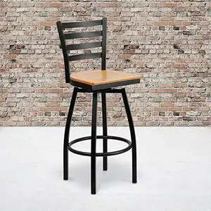 EMMA + OLIVER 2 Pack Black Ladder Back Swivel Metal Barstool - Natural Wood Seat EMMA + OLIVER 2 Pack Black Ladder Back Swivel Metal Barstool - Natural Wood Seat