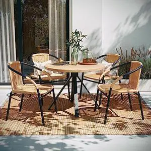 EMMA + OLIVER Set of 4 Modern Rattan Indoor/Outdoor Stack Chairs, Stacking Rattan Patio Chairs with Curved Back and Cross Bracing, Beige EMMA + OLIVER Set of 4 Modern Rattan Indoor/Outdoor Stack Chairs, Stacking Rattan Patio Chairs with Curved Back and Cross Bracing, Beige