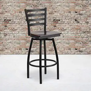EMMA + OLIVER 2 Pack Black Ladder Back Swivel Metal Barstool - Walnut Wood Seat EMMA + OLIVER 2 Pack Black Ladder Back Swivel Metal Barstool - Walnut Wood Seat