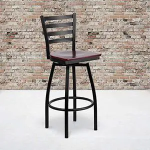 EMMA + OLIVER 2 Pack Black Ladder Back Swivel Metal Barstool - Mahogany Wood Seat EMMA + OLIVER 2 Pack Black Ladder Back Swivel Metal Barstool - Mahogany Wood Seat