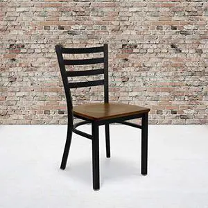 EMMA + OLIVER 2 Pack Black Ladder Back Metal Restaurant Chair - Cherry Wood Seat EMMA + OLIVER 2 Pack Black Ladder Back Metal Restaurant Chair - Cherry Wood Seat