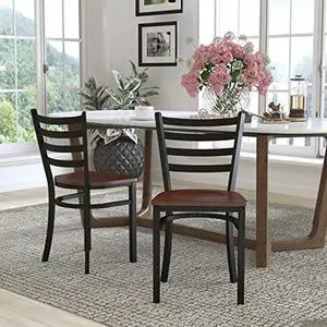 EMMA + OLIVER 2 Pack Black Ladder Back Metal Restaurant Chair - Mahogany Wood Seat EMMA + OLIVER 2 Pack Black Ladder Back Metal Restaurant Chair - Mahogany Wood Seat