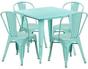 EMMA + OLIVER Commercial Grade Square Mint Green Metal Indoor-Outdoor Table Set-4 Stack Chairs EMMA + OLIVER Commercial Grade Square Mint Green Metal Indoor-Outdoor Table Set-4 Stack Chairs