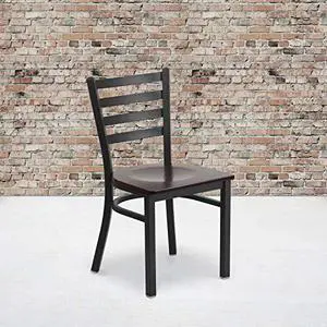 EMMA + OLIVER 2 Pack Black Ladder Back Metal Restaurant Chair - Walnut Wood Seat EMMA + OLIVER 2 Pack Black Ladder Back Metal Restaurant Chair - Walnut Wood Seat