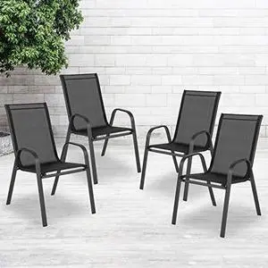 EMMA + OLIVER 4 Pack Black Outdoor Stack Chair with Flex Comfort Material - Patio Stack Chair EMMA + OLIVER 4 Pack Black Outdoor Stack Chair with Flex Comfort Material - Patio Stack Chair