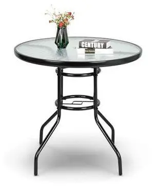 VINGLI Round Patio Table with Umbrella Hole, 32" Outdoor Dining Table Steel Tempered Glass Patio Tables Round Outdoor Tables for Balcony Garden Deck VINGLI Round Patio Table with Umbrella Hole, 32" Outdoor Dining Table Steel Tempered Glass Patio Tables Round Outdoor Tables for Balcony Garden Deck