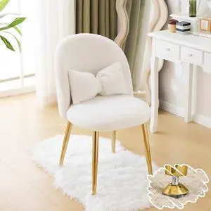 VINGLI Boucle Girls Vanity Chair with Back & Pillow,Cute Small Cozy Desk Chair No Wheels,Comfy Makeup Ch with Ajustable Gold Legs,for Bedroom,Living Room,Small Space,White VINGLI Boucle Girls Vanity Chair with Back & Pillow,Cute Small Cozy Desk Chair No Wheels,Comfy Makeup Ch with Ajustable Gold Legs,for Bedroom,Living Room,Small Space,White