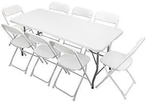 VINGLI 6 FT Plastic Folding Table Set with 8 White Folding Chairs for Picnic, Event, Training, Outdoor Activities, at Home and Commercial Use VINGLI 6 FT Plastic Folding Table Set with 8 White Folding Chairs for Picnic, Event, Training, Outdoor Activities, at Home and Commercial Use
