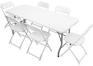 VINGLI 6 FT Plastic Folding Table Set with 6 White Folding Chairs for Picnic, Event, Training, Outdoor Activities, at Home and Commercial Use VINGLI 6 FT Plastic Folding Table Set with 6 White Folding Chairs for Picnic, Event, Training, Outdoor Activities, at Home and Commercial Use