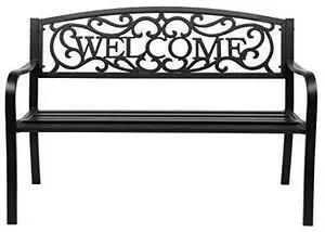 VINGLI Outdoor Bench for Patio Metal Garden Bench w/PVC Back Pattern, Black Park Benches Front Porch Benches for Yard Lawn Decor Deck Entryway (Black-Welcome) VINGLI Outdoor Bench for Patio Metal Garden Bench w/PVC Back Pattern, Black Park Benches Front Porch Benches for Yard Lawn Decor Deck Entryway (Black-Welcome)