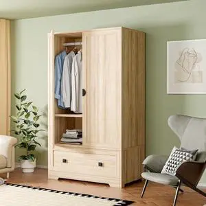 VINGLI Armoire Wardrobe Closet With Doors, Hanging Rod, Shelves and Drawer - Freestanding Cabinet for Bedroom, Dorm - Oak, 38" W x 21" D x 65" H VINGLI Armoire Wardrobe Closet With Doors, Hanging Rod, Shelves and Drawer - Freestanding Cabinet for Bedroom, Dorm - Oak, 38" W x 21" D x 65" H